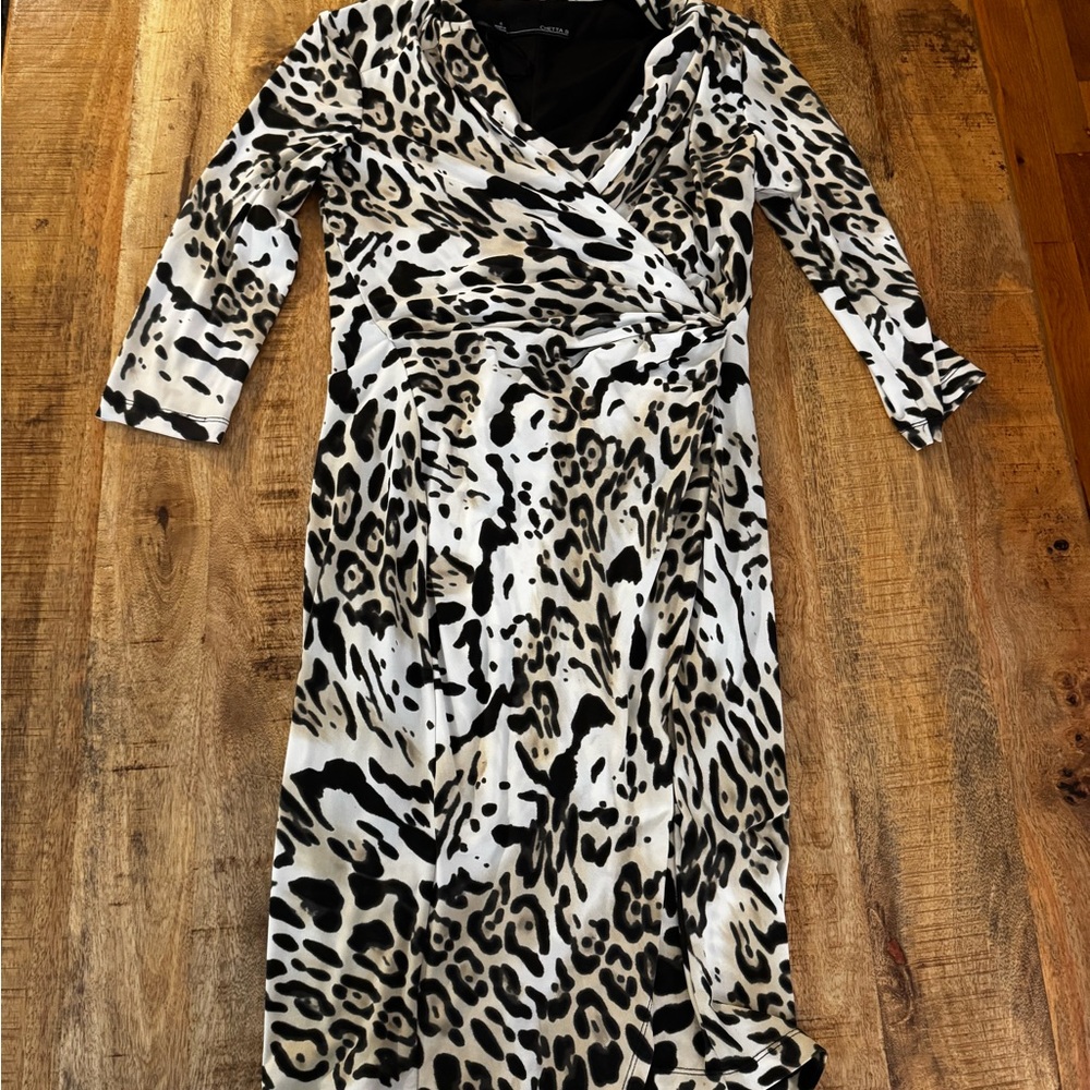 Chetta B Animal Print light leopard 3/4 Long Sleeve faux wrap lined Dress euc